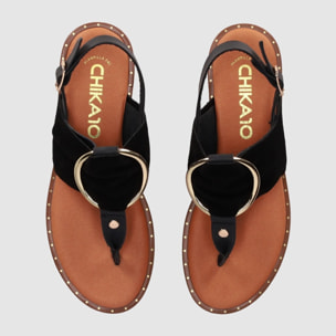 Sandalias de Serraje - Negro - Tacón: Bajo