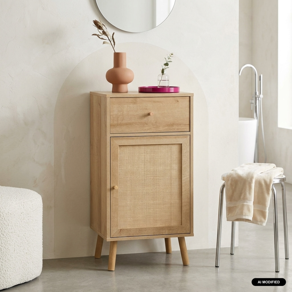 Meuble salle de bain décor bois et cannage BOHÈME