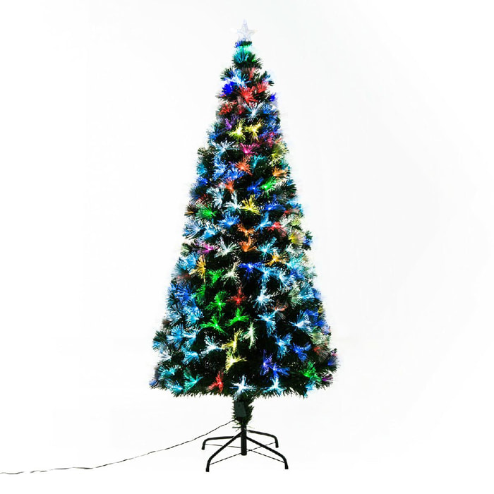 Sapin de Noël artificiel lumineux fibre optique LED multimode multicolore + support pied Ø 84 x 180H cm 230 branches étoile sommet brillante vert