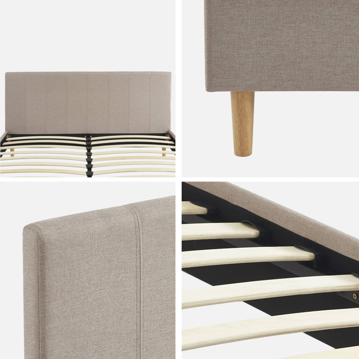Lit avec sommier à lattes et tête de lit. finition tissu. beige L 211 x P 167.5 x H 89cm