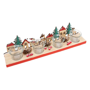 Photophore décor paysage bois avec 4 photophores verre transparent