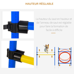 Agility sport pour chiens équipement complet : 6 poteaux slalom, obstacle, anneau + sac de transport bleu jaune rouge