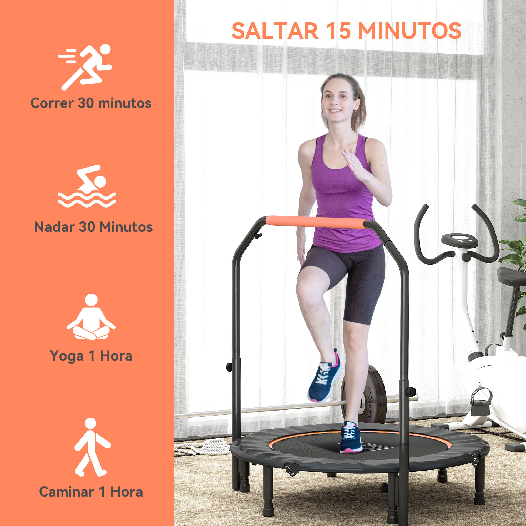 Trampolín de Fitness Adultos Ø114 cm, Cama Elástica Plegable con Mango Ajustable de 4 Niveles, Marco de Acero, para Entrenamiento Piernas, Cuerpo en Hogar, Oficina, Gimnasio, Naranja y Negro