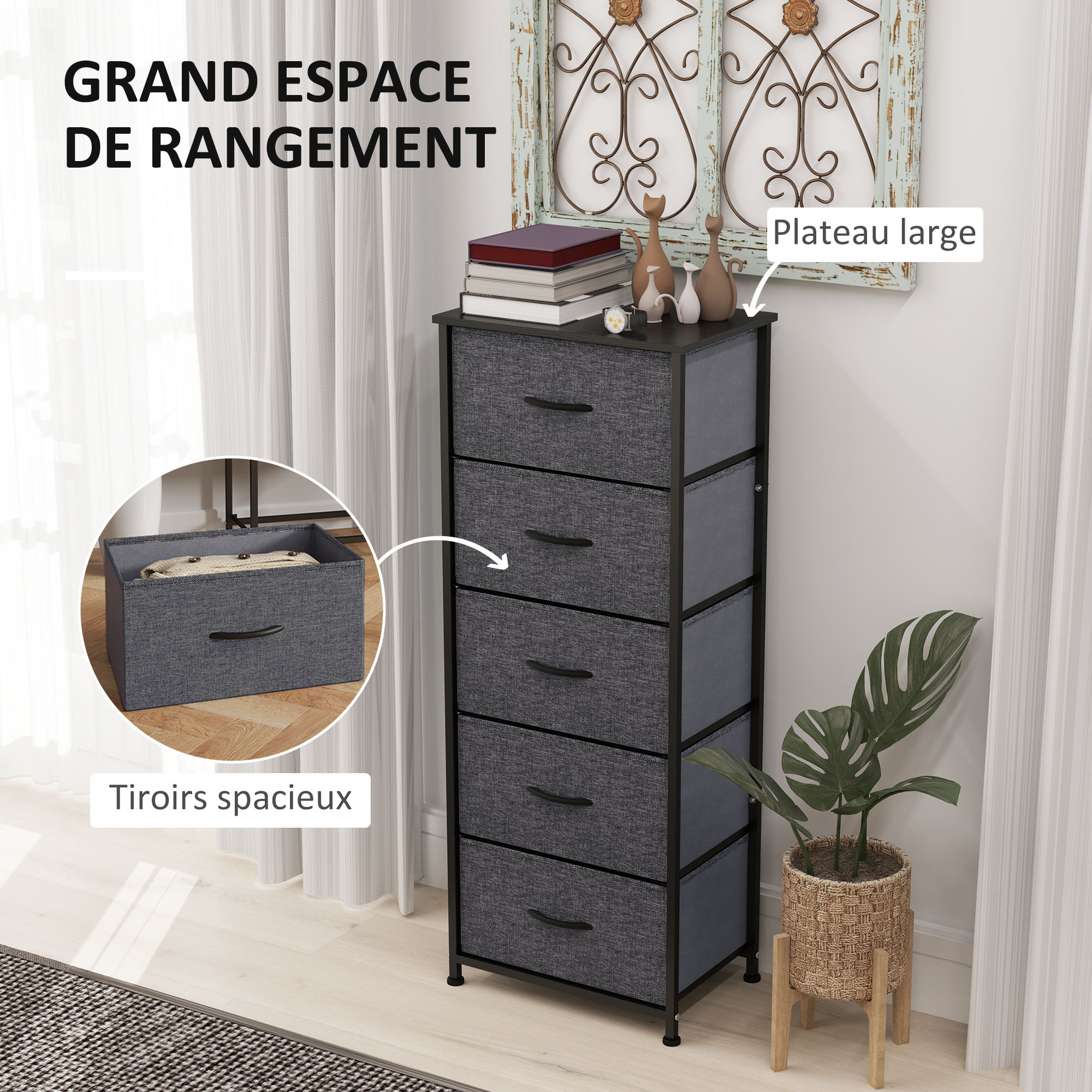 Chiffonnier rangement 5 tiroirs - dim. 45L x 30l x 116H cm - structure acier noir tissu pliant anthracite