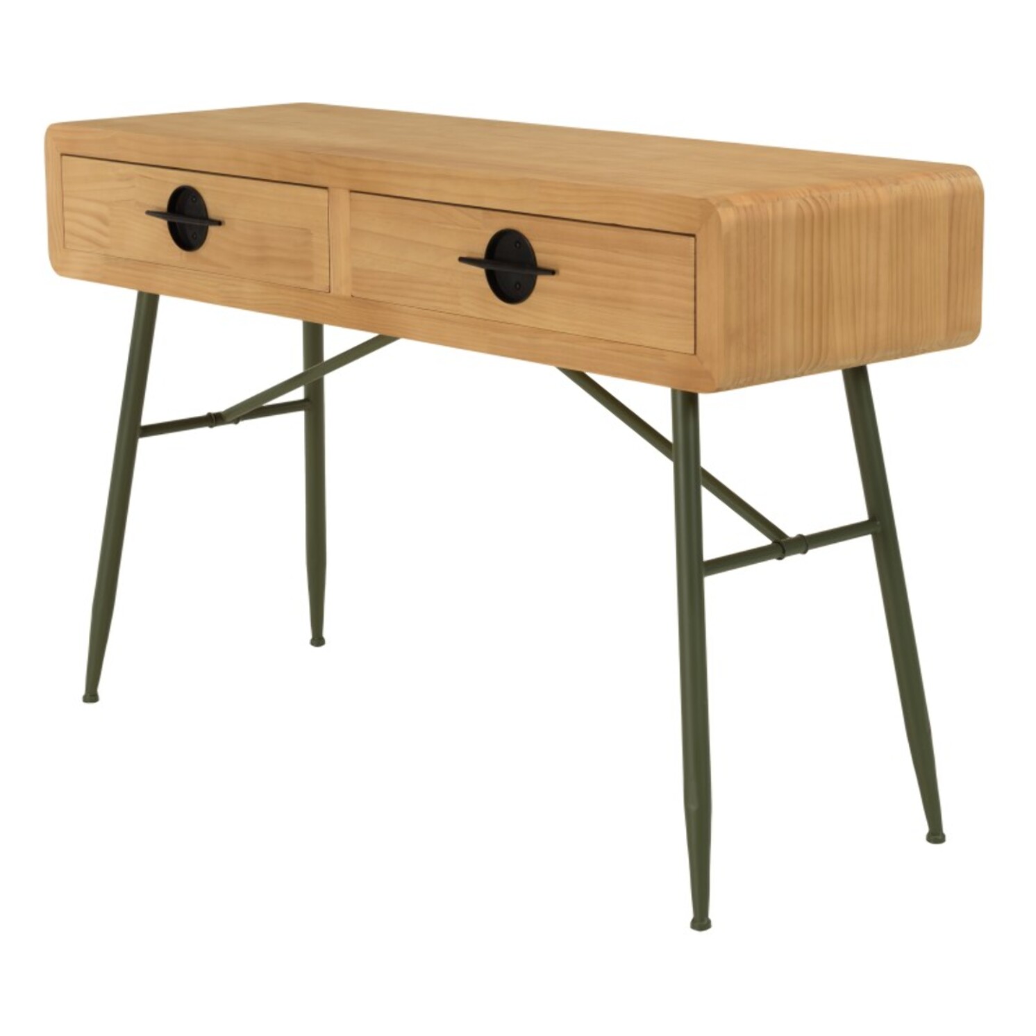 HELENA - Console 2 tiroirs en pin couleur naturelle et pieds métal vert