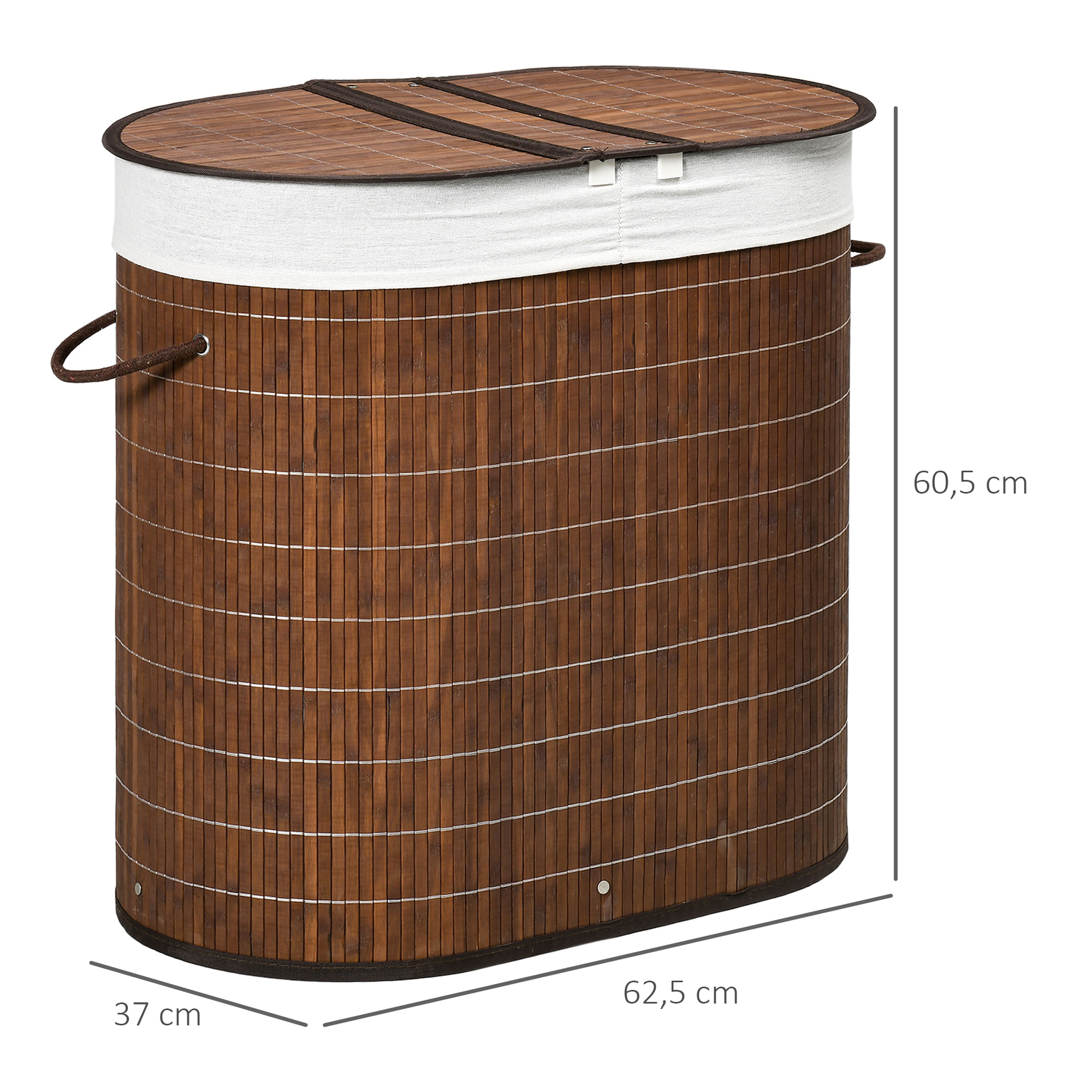 HOMCOM Cesto para Ropa Sucia de Bambú Capacidad de 100L Cesta para la Colada con Tapa Abatible y Bolsa de 2 Compartimentos Extraíble 62,5x37x60,5 cm Marrón