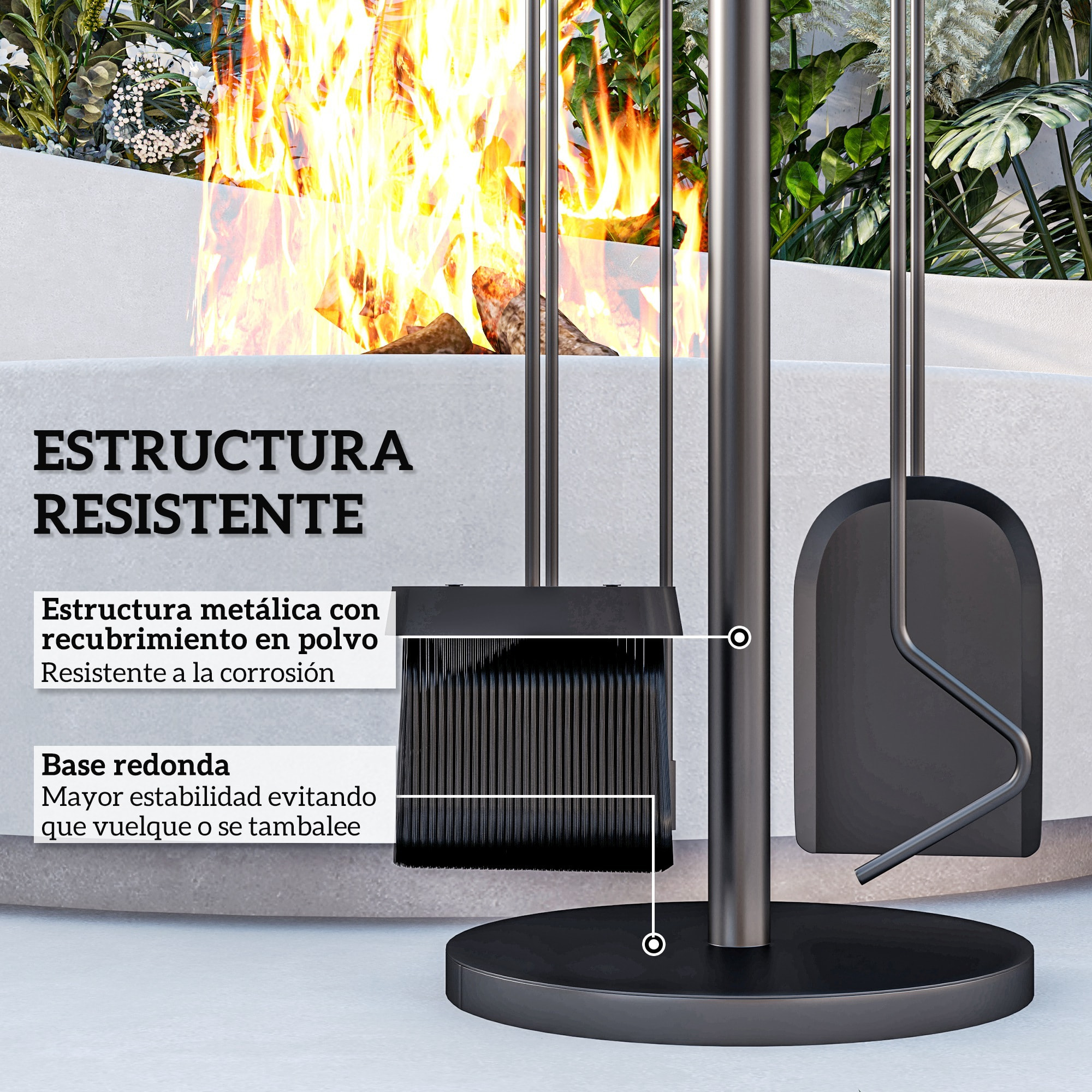 Juego de Herramientas para Chimenea de 5 Piezas Juego de Accesorios para Chimenea de Metal con Escoba Pala Tenazas Atizador y Soporte Ø25x54 cm Negro