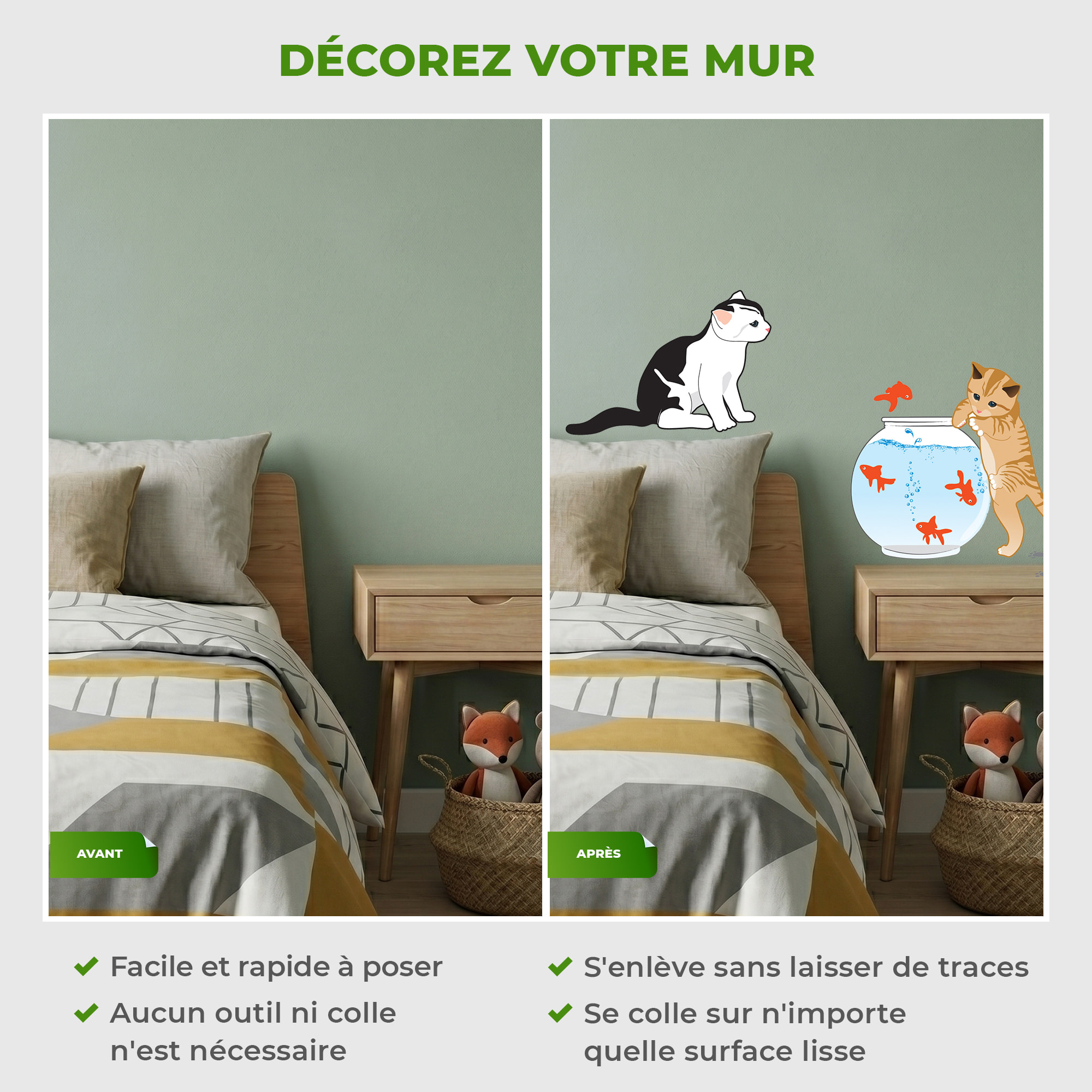 Stickers Muraux décoration adhésifs Chat et poissons