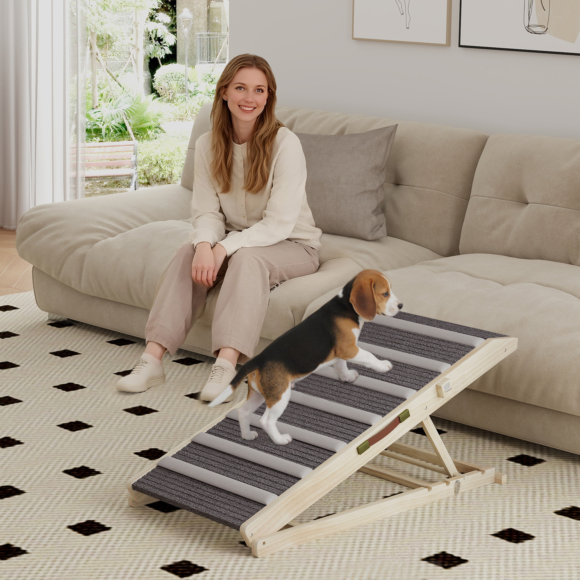 Rampa para Perros Plegable y Altura Ajustable 35-50 cm, Rampa para Mascotas de Madera con Alfombrilla Antideslizante y Asa, para Perros Pequeños Medianos y Grandes, para Cama Sofá, 100x50x50 cm