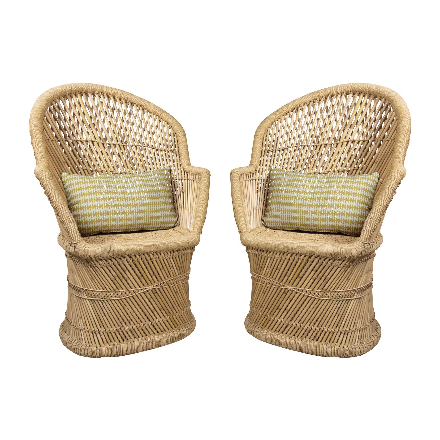 Lot de 2 fauteuils en bambou naturel avec deux coussins beiges ZAMZEBE