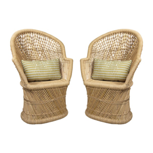 Lot de 2 fauteuils en bambou naturel avec deux coussins beiges ZAMZEBE