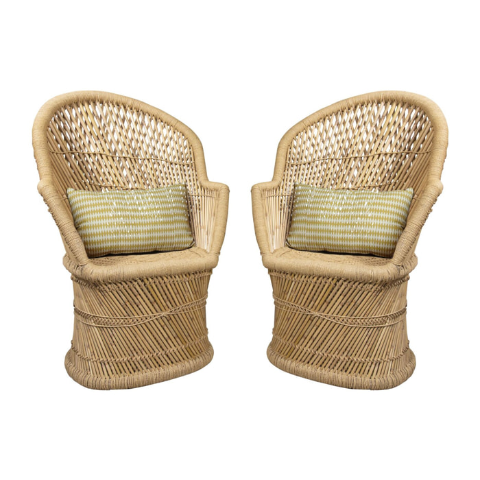 Lot de 2 fauteuils en bambou naturel avec deux coussins beiges ZAMZEBE