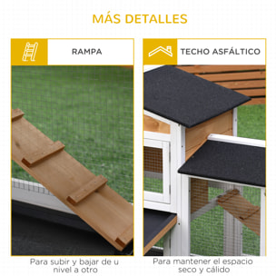 Conejera de Madera Exterior Jaula para Conejos de 2 Niveles con Techo Asfáltico 2 Corrales de Metal Bandeja Extraíble 2 Puertas y Rampa 157,4x53x93,5 cm Natural