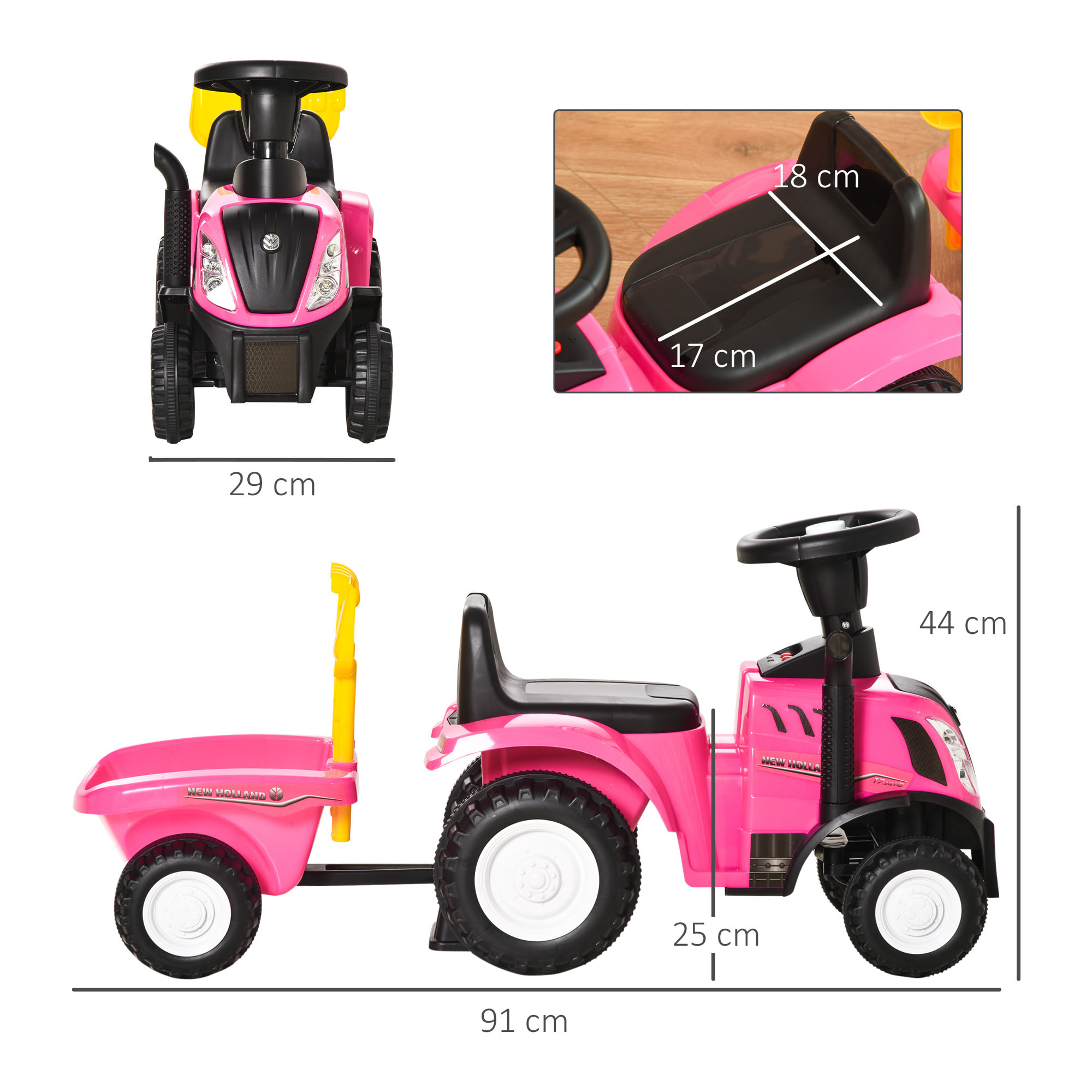 Tractor sin Pedales para Niños de 12-36 Meses con Remolque Extraíble Coche Correpasillos con Bocina Faros Pala Asiento de Suelo 25 cm y Rastrillo Carga 25 kg 91x29x44 cm Rosa