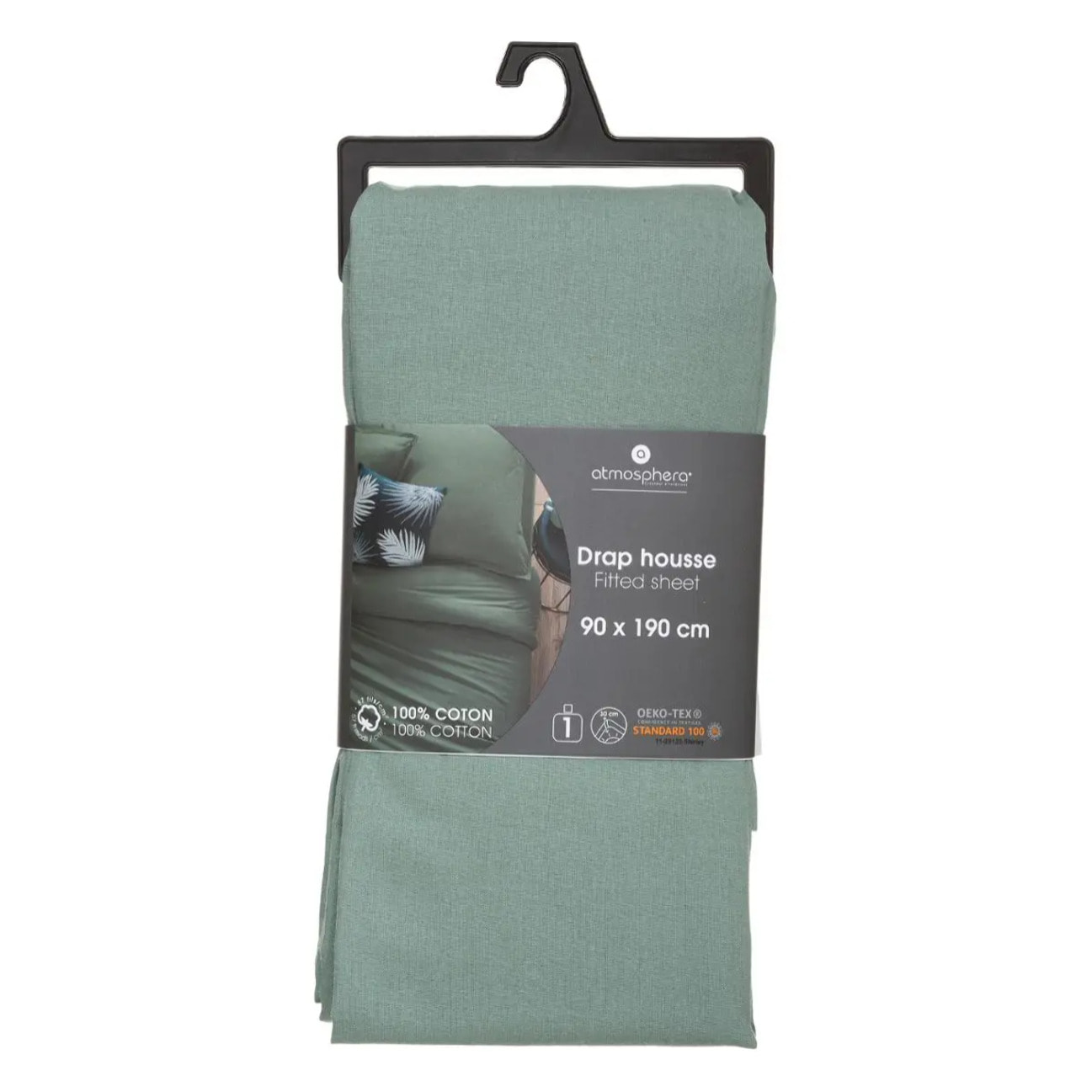 Drap-housse en coton - vert céladon - bonnet H30cm - 90x190 cm