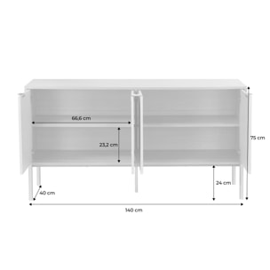 Buffet effet bois rainuré et métal champagne. buffet bas. 4 portes. 140cm