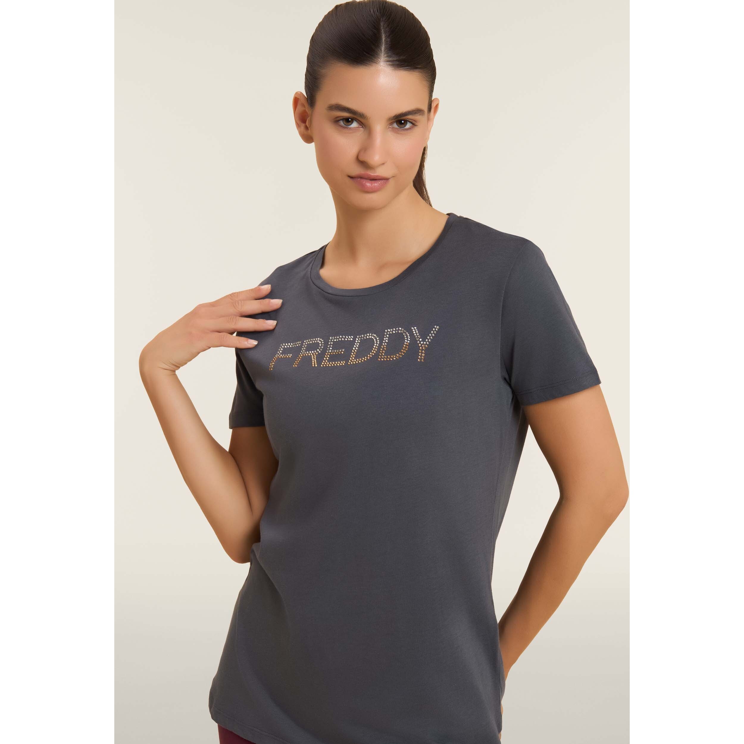 T-shirt donna con logo in strass bicolori