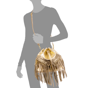 Arzana bolso bandolera piel auténtica gamuza laminada. Diseño exclusivo fruncido y borlas.