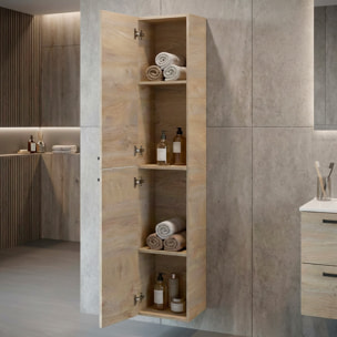 Mobile Alto Da Bagno Sospeso Con 2 Ante E 4 Mensole Interne Colonna Sospesa Salvaspazio In Melaminico 150 x 30 x 25.5 Cm Rovere Naturale