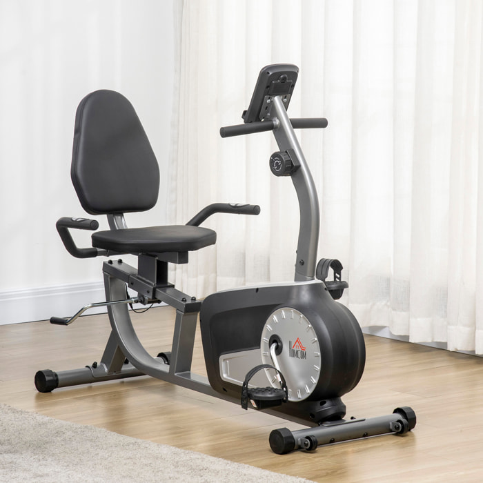 Vélo d'appartement semi-allongé magnétique écran LCD multifonction selle dossier résistance réglable acier ABS gris noir