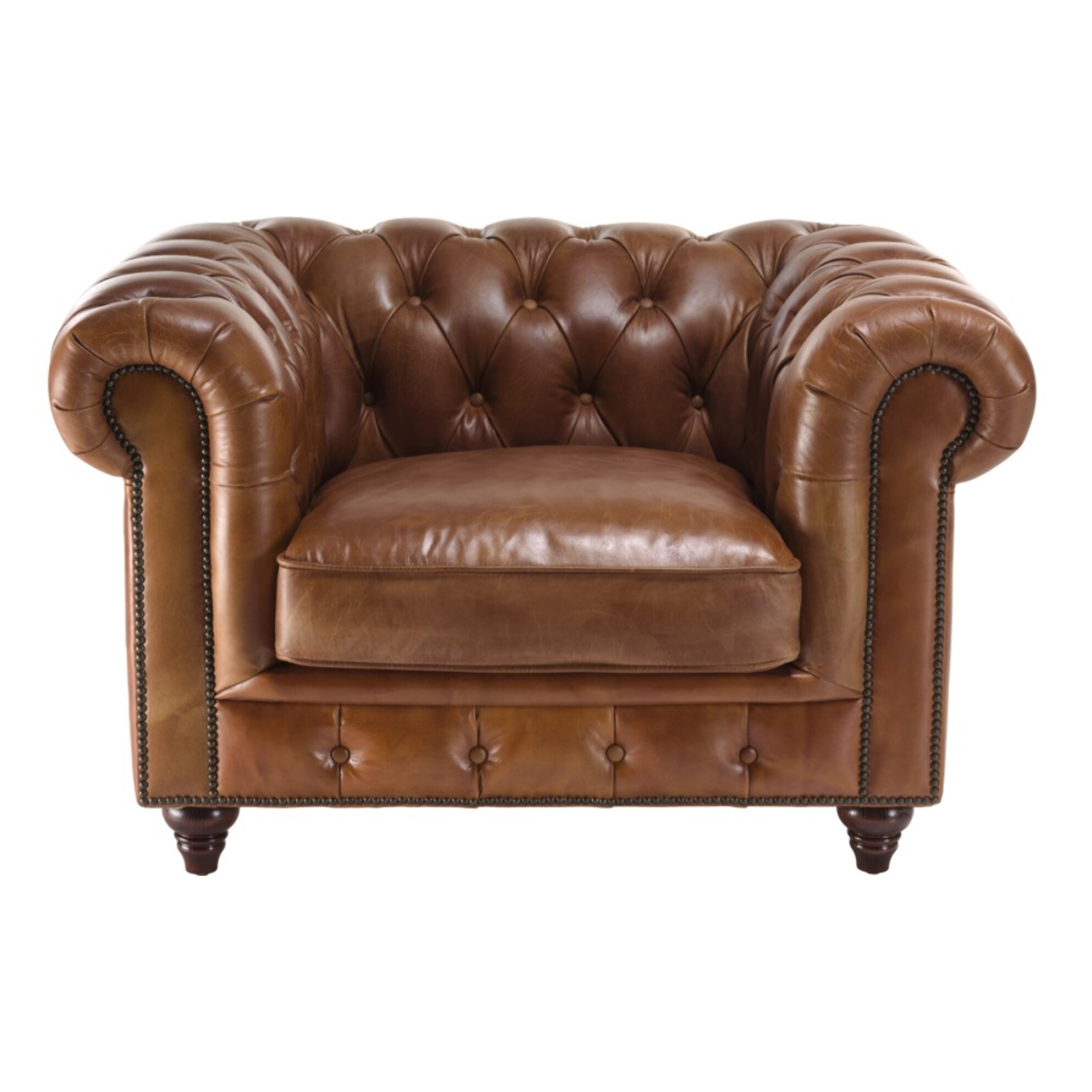GASTON - Fauteuil marron CHESTERFIELD capitonné vintage 1 place cuir pieds bois