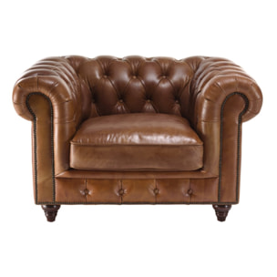 GASTON - Fauteuil marron CHESTERFIELD capitonné vintage 1 place cuir pieds bois