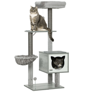 Árbol Rascador para Gatos, Árbol para Gatos 126 cm, Torre Escalador con Plataformas, Hamaca, Cueva, Cama, Postes de Sisal, Bolas y Cojines Lavables, Gris