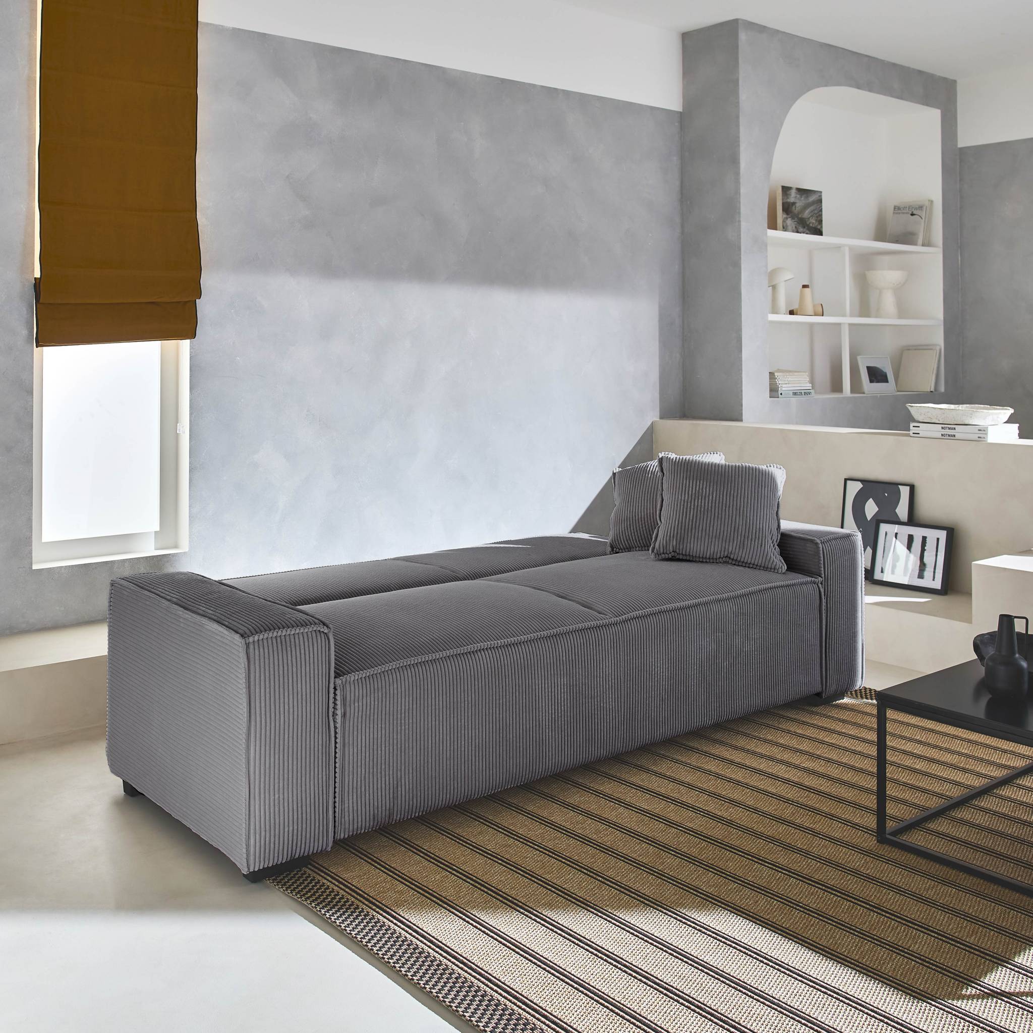 Canapé convertible 3 places gris clair velours côtelé L 231 x P 96.5 x H 80cm
