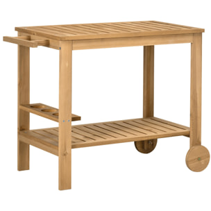 Carrito de Madera de Bar Carro de Servicio de 2 Niveles con Asa Lateral 3 Portabotellas y 2 Ruedas para Jardín Patio Terraza 95x47x74 cm Natural