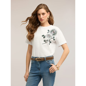 Motivi - T-shirt in jersey con applicazioni floreali - Bianco