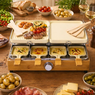 Appareil à raclette 8 personnes en aluminium crème et bambou
