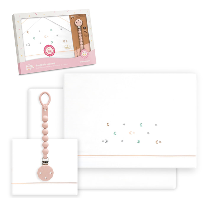 Triptico Cuna Estrella Luna Multicolor + Broche Bco/Rosa