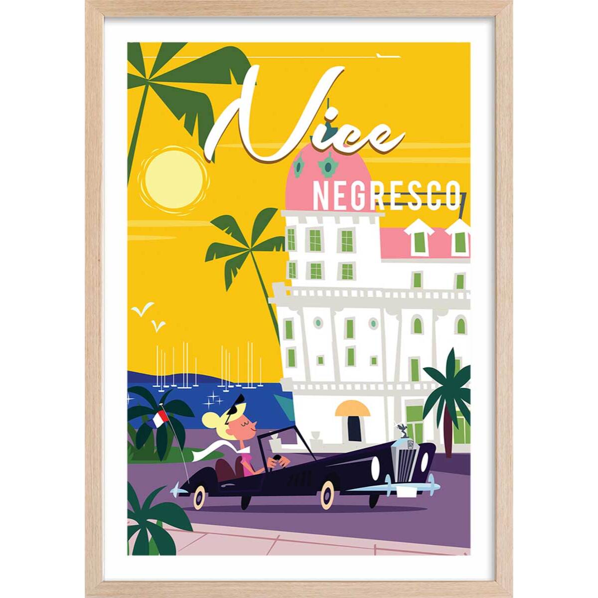 Affiche Vacances à Nice Affiche + cadre en bois - Chêne