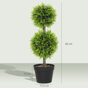 Lot de 2 cyprès artificiels topiaires en forme de boules x 2 H.60cm avec pots