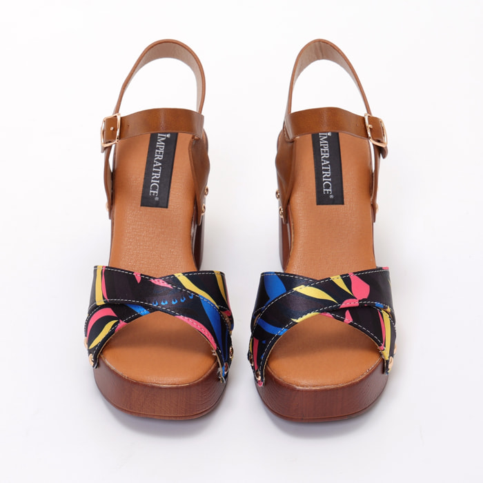 Sandali con tacco comodo e fasce in tessuto multicolore