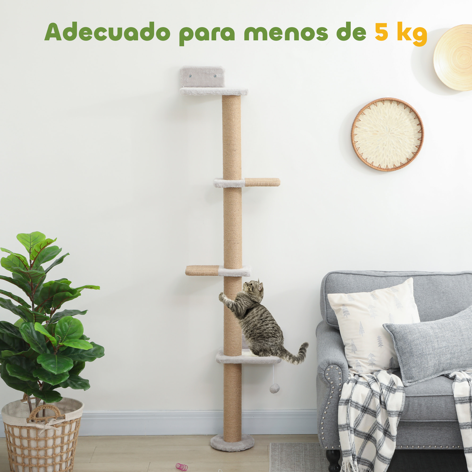 Árbol para Gatos de Pared de 5 Niveles, Rascador para Gatos Estrecho con Bola de Juguete y Rascadores de Sisal, 48x21x180 cm, Gris Claro