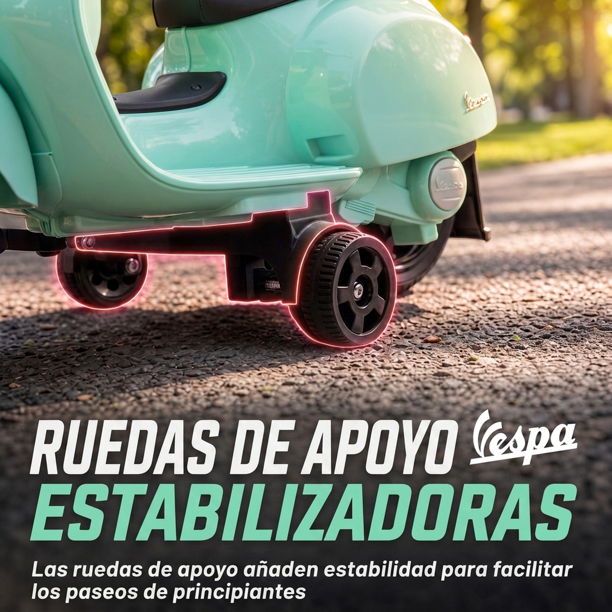 Moto Eléctrica para Niños Licencia Mini Vespa GTS 6V, Moto Eléctrica Infantil con 2 Ruedas Auxiliares, Batería de Litio, Faro, Bocina, Respaldo, 2,5 km/h, Avance y Atrás, 18-36 Meses, Verde