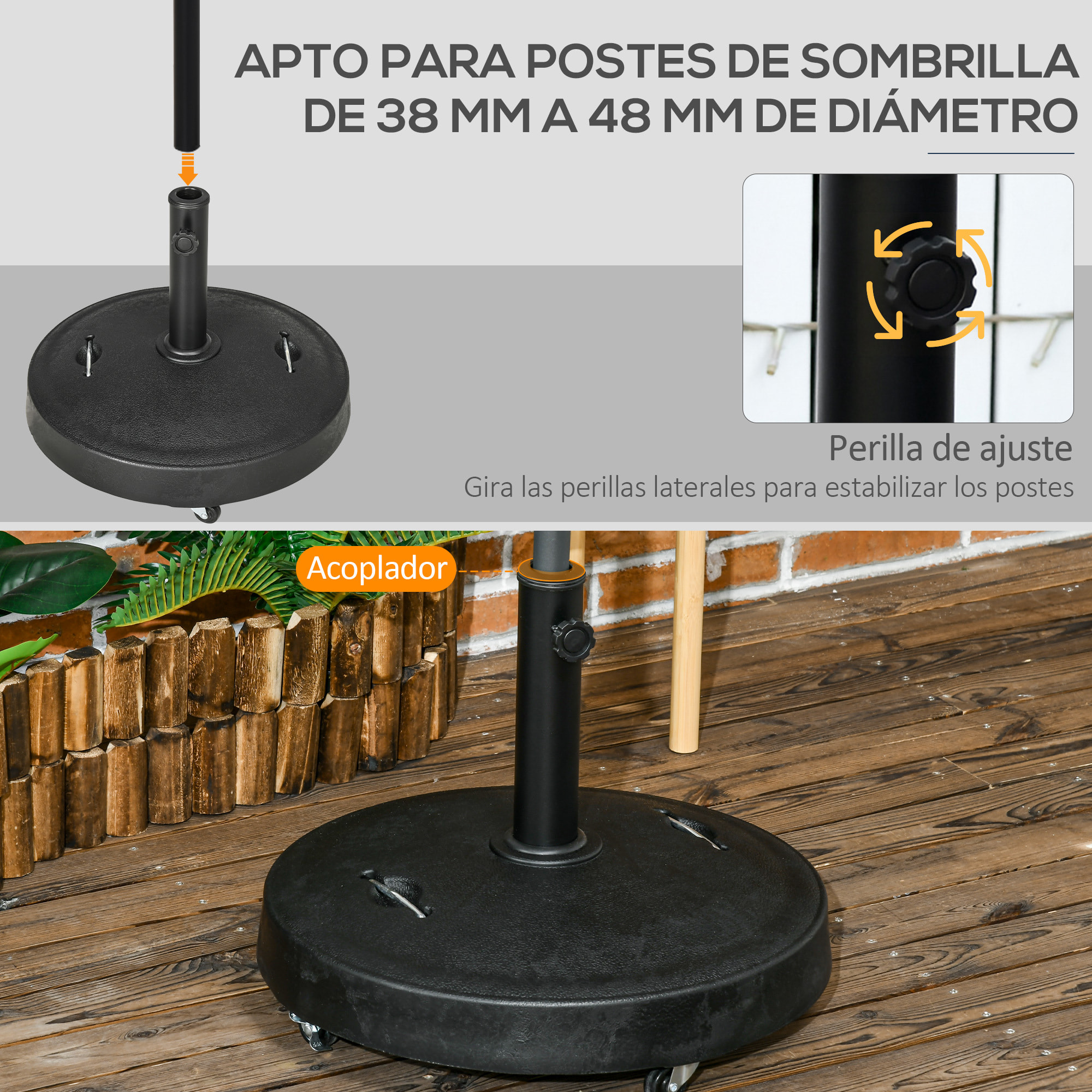 Base de Sombrilla de Jardín de Resina de 25 kg con Ruedas y Asa Retráctil Soporte de Parasol Cuadrado para Postes de Ø38/48 mm para Terraza Patio Ø53x41 cm Negro