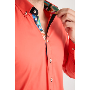Camicia Uomo 1 Bottoni Button Down Slim Popeline Stretch Unito Corallo