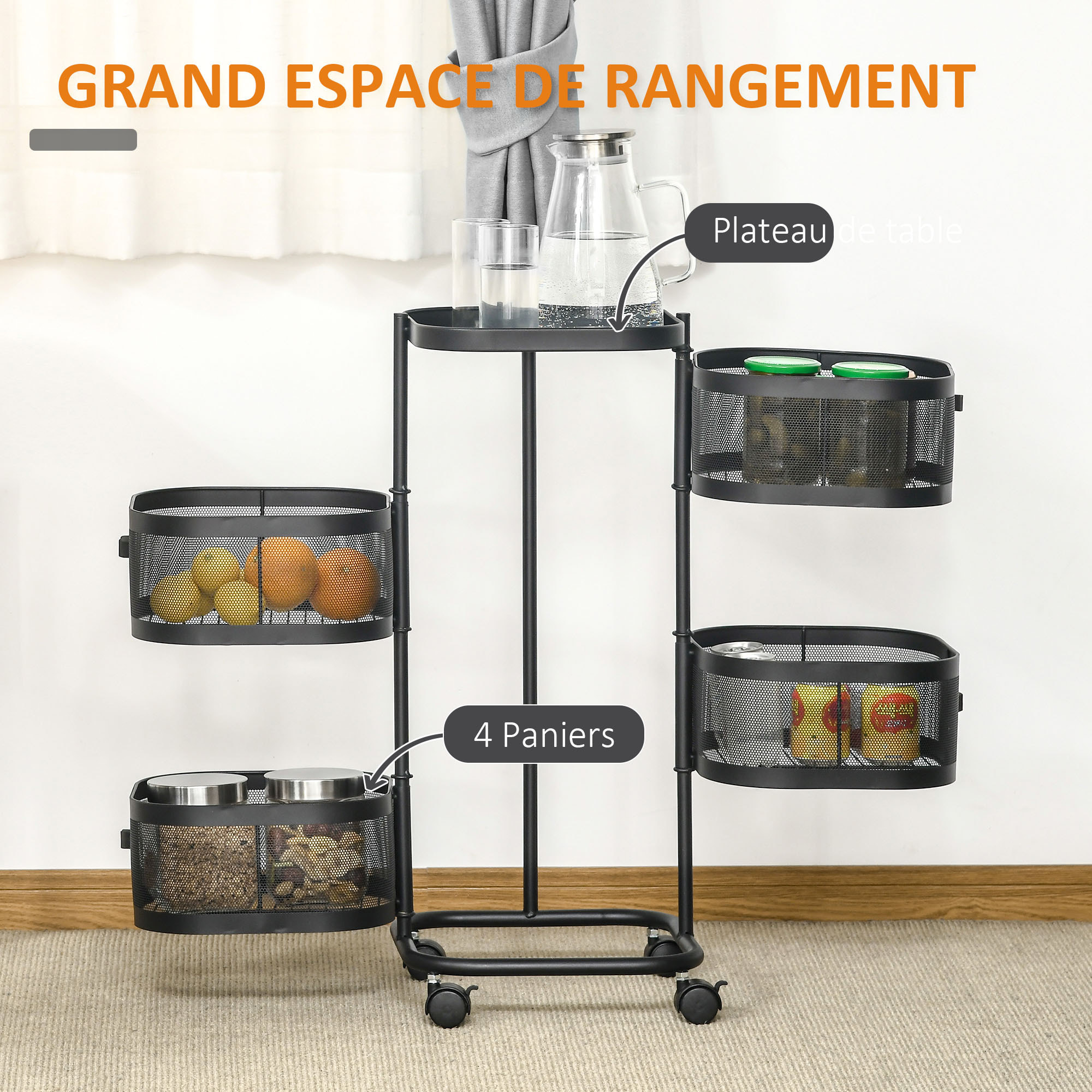Resserre de cuisine 4 paniers rotatifs sur roues en métal H.77cm noir