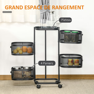 Resserre de cuisine 4 paniers rotatifs sur roues en métal H.77cm noir