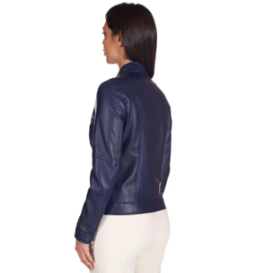 Giacca biker in pelle naturale blu avion effetto liscio