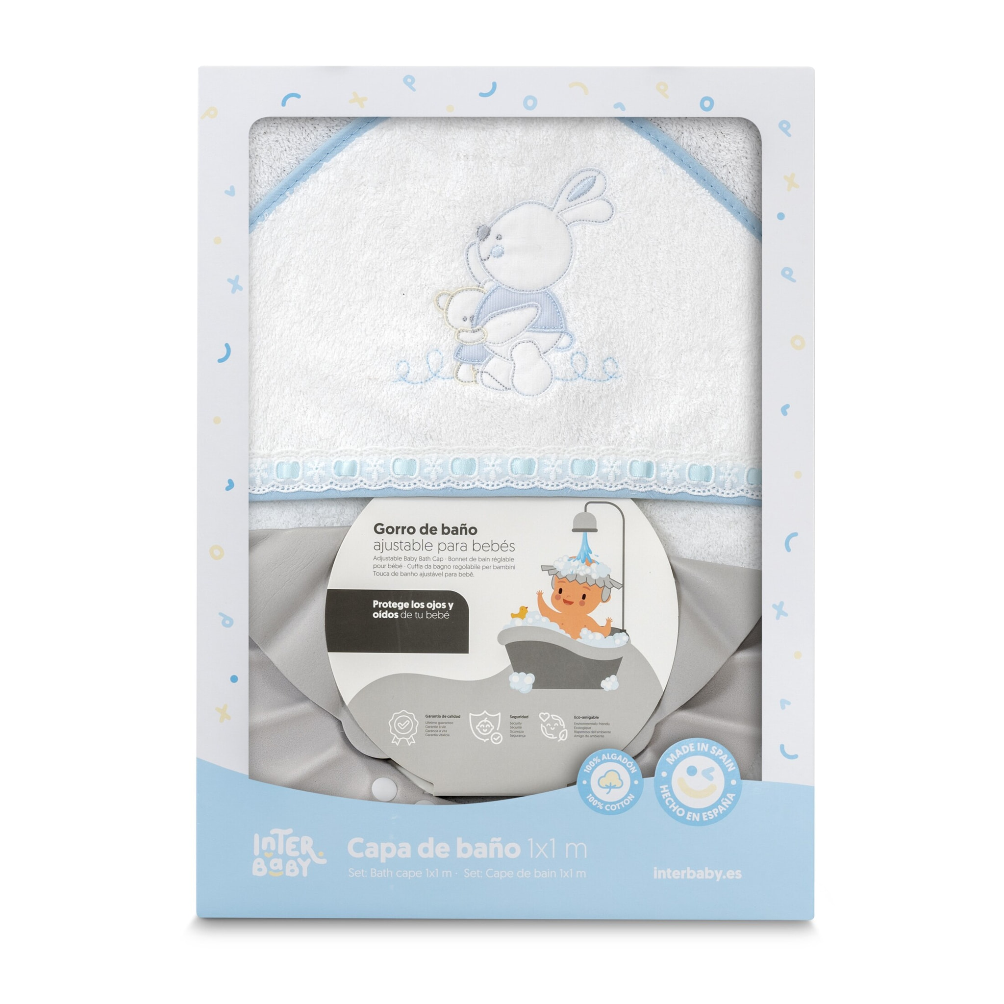 Capa Baño 1X1 Mod Conejitos Abrazos Pasacinta + Gorro Bco/Azul