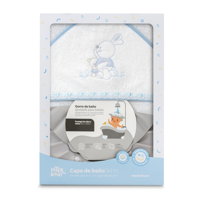 Capa Baño 1X1 Mod Conejitos Abrazos Pasacinta + Gorro Bco/Azul