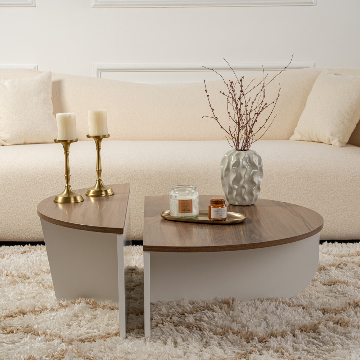 BONY Table basse ronde podium bois noyer et blanc 90cm