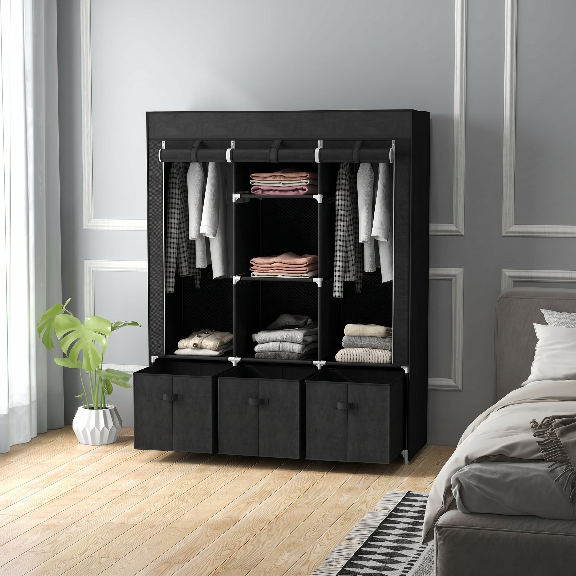 HOMCOM Armario de Tela, Armario Ropero con 2 Barras, 5 Estantes Abiertos, 3 Cajones, Cremallera, Marco de Acero, para Dormitorio, Espacio Pequeño, Vestidor, 125x43x162,5 cm, Negro