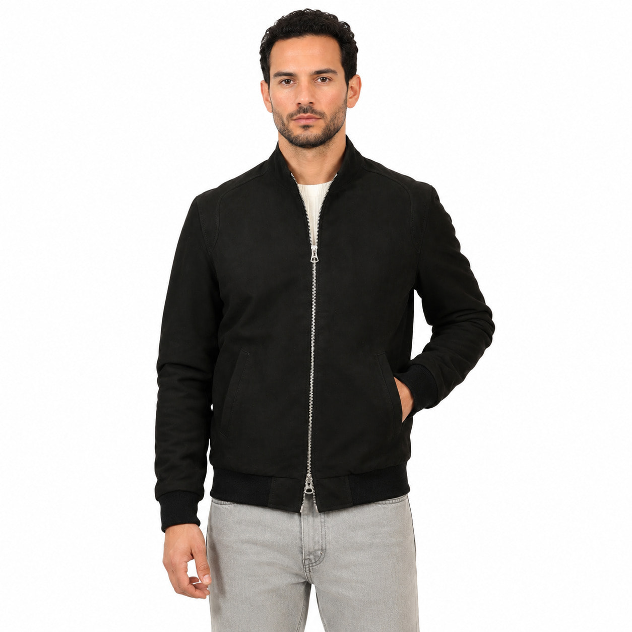 Giubbino in vera pelle di vitello scamosciata Nero-Slim Fit