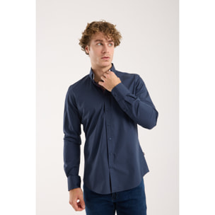 Camicia Uomo 1 Bottoni Button Down Slim Popeline Stretch Unito Blu