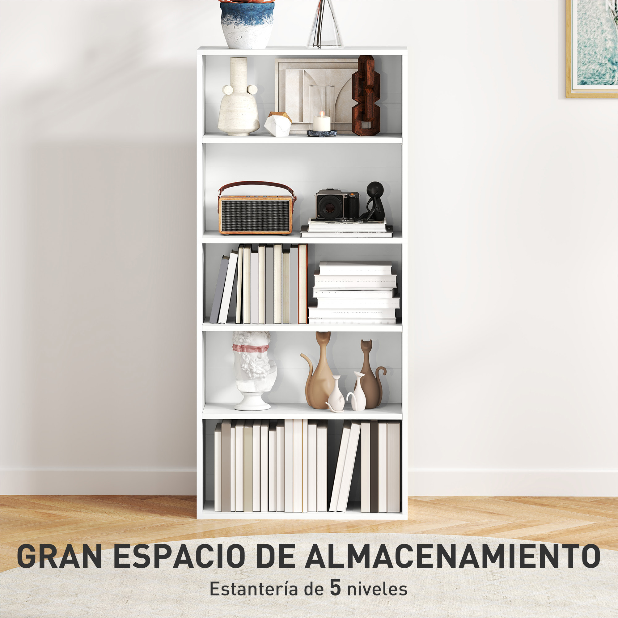 Librería de 5 Niveles Estantería de Libros con 3 Estantes Ajustables para Sala de Estar Oficina Dormitorio 60x24x133,5 cm Blanco