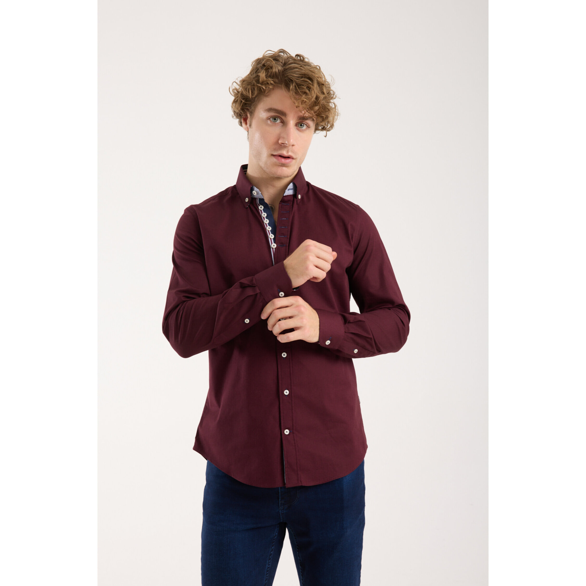 Camicia Uomo 1 Bottoni Button Down Slim Popeline Stretch Unito Bordeaux